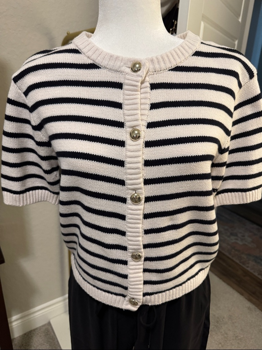 H&M Black & Cream Short-Sleeve Striped Button-Up Cardigan